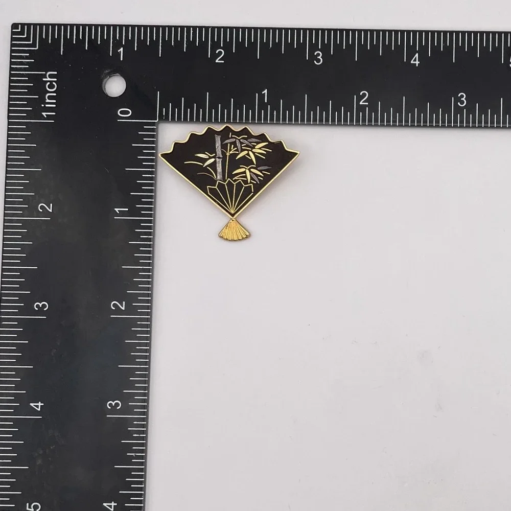 Vintage Damascene Brooch Japanese Amita Fan